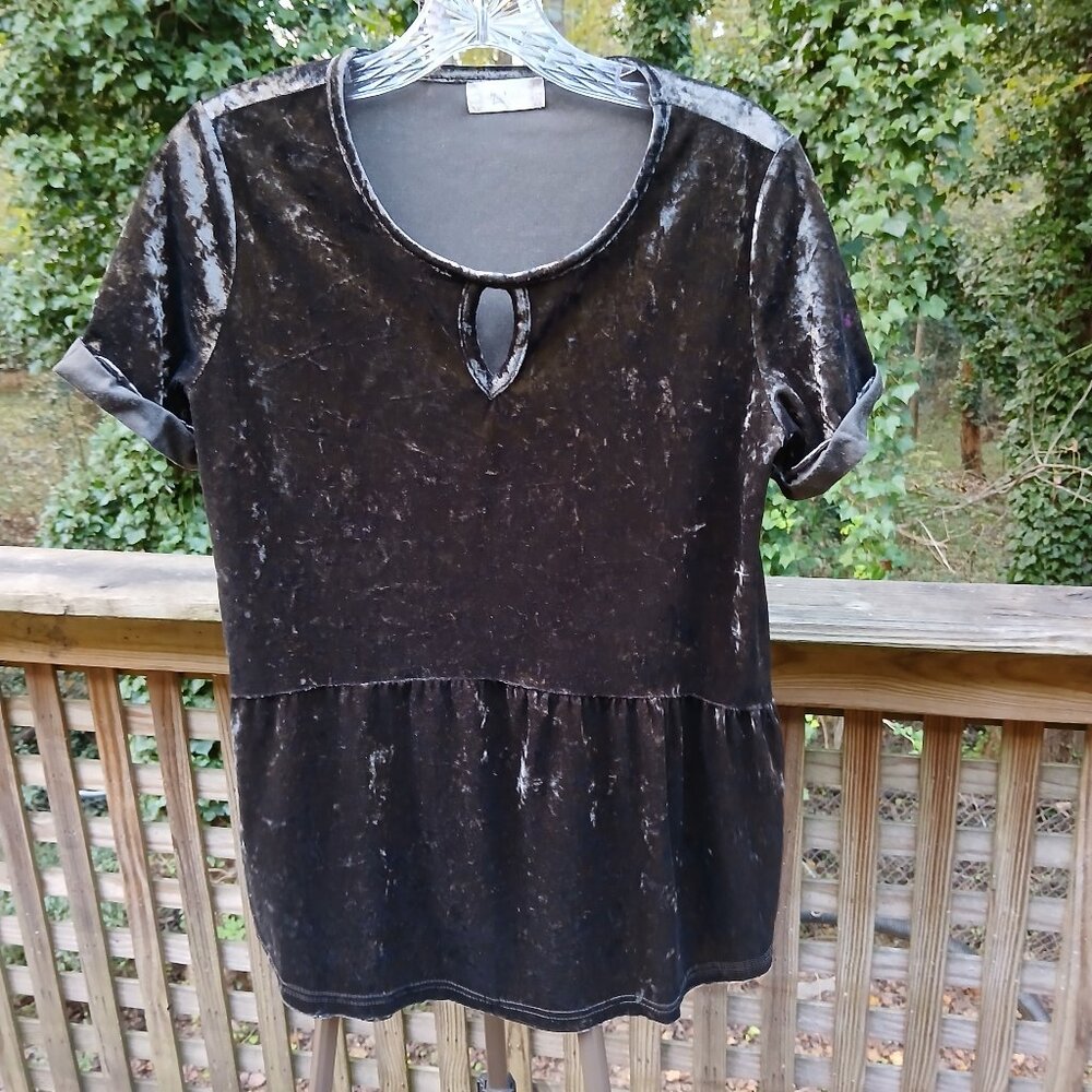 Grey Green Semi Crushed Velvet Baby Doll Round Neck Keyhole Peplum Tunic Sz S